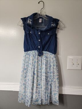 Justice Girls Blue Denim & Floral Midi Dress - Sleeveless Collared Bodice